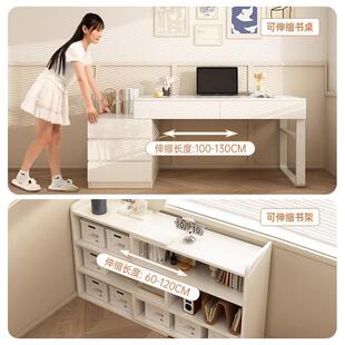 直销新款梳妆台电脑桌一体卧室简约现代小户型书桌书架一体桌奶油