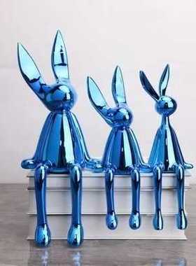 新款直销简约轻奢创意电镀银金蓝色坐姿动物兔子摆件树脂家居软装