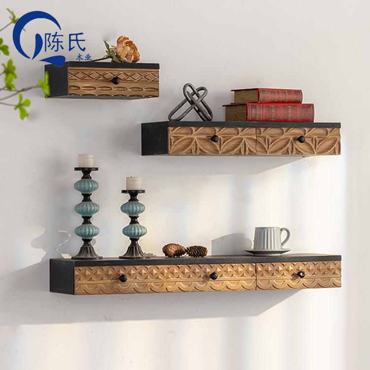 实木墙收上物一字隔板原木可收纳带抽架屉置A2756墙隔板纳书架墙