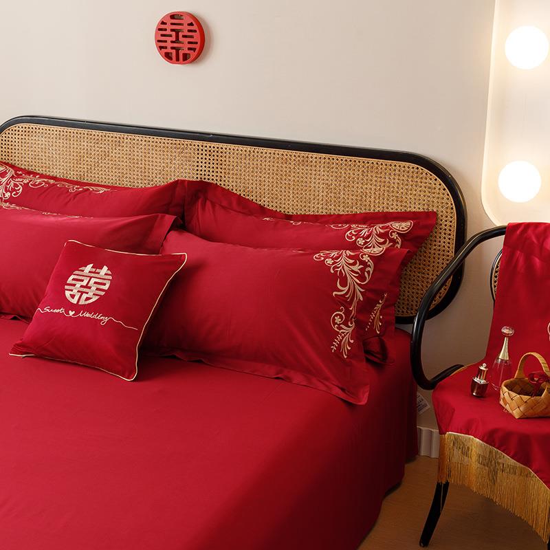 婚庆纯棉100支8长绒m棉四件套大被红色刺绣套HQP全棉1.结婚床上用