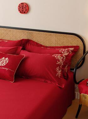 婚庆纯棉100支8长绒m棉四件套大被红色刺绣套HQP全棉1.结婚床上用