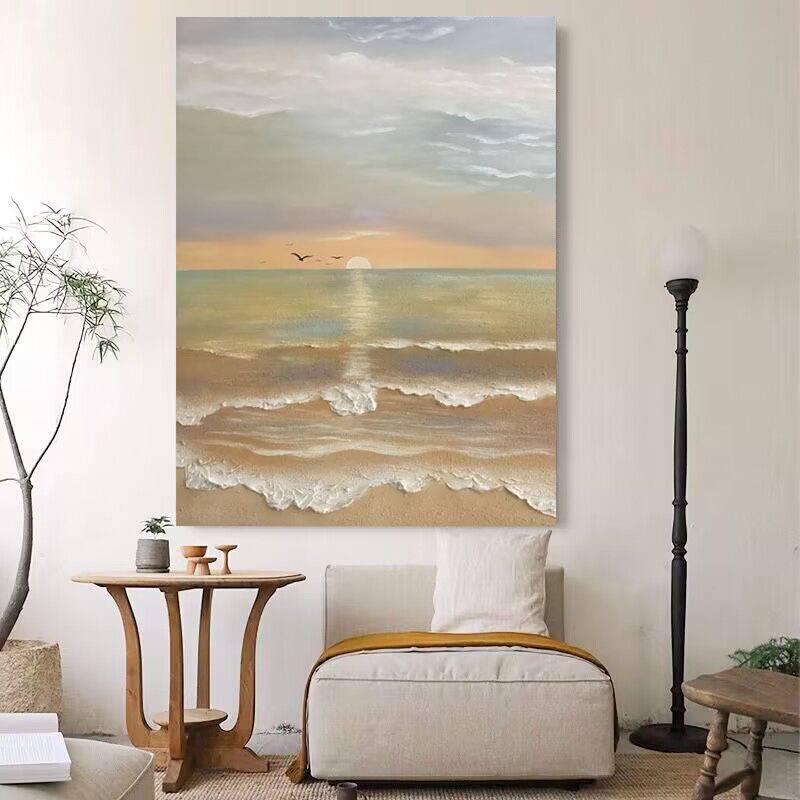 纯手绘油画客厅现代装饰画海景日出风景肌理画玄关竖版挂画奶油风图片