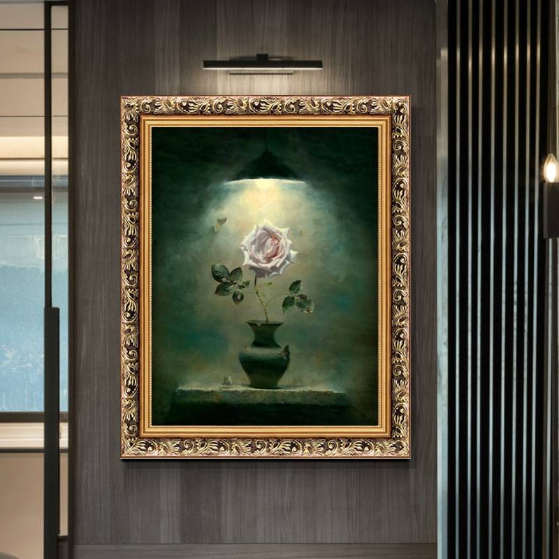 玫瑰花有框油画客厅装饰画欧式玄关壁画餐厅卧室床头挂画花卉竖版图片