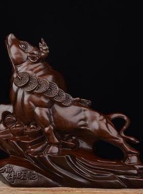 木21610家雕牛摆装件《福牛旺财》实木雕刻十二生肖居饰工艺品