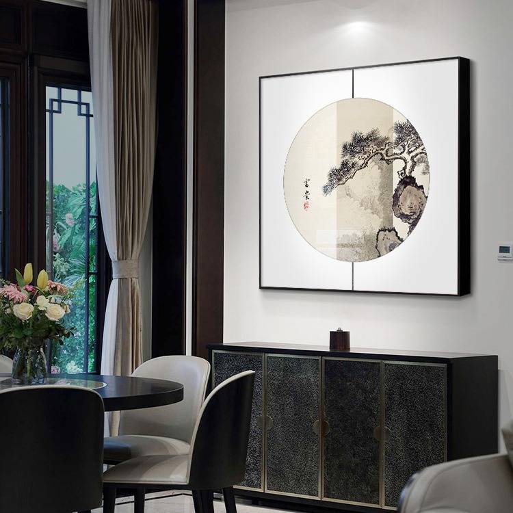 新中式玄关装饰画餐厅饭店进门大堂迎客松挂画茶室禅意山水墨壁画