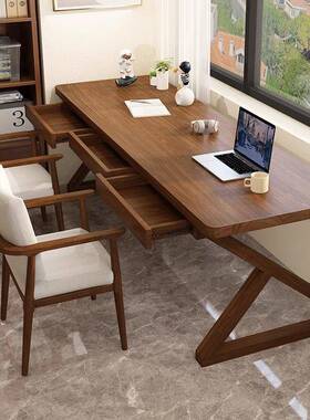 严选靠窗实木双条书桌带抽屉客功厅靠OGQ墙阅读长桌多能储物人办