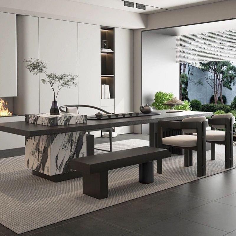 现代简约轻计奢高岛桌椅桌中式实HAO木大板设师端茶岩板茶桌