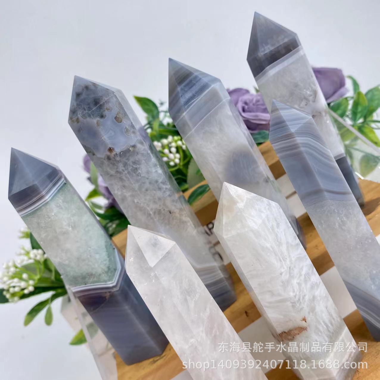 Point Tower 天然灰玛瑙六棱单尖柱子 原石切割精品打磨 疗愈石