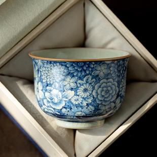 陶瓷品茗杯老陶泥圆鼎杯青花主人杯功夫茶具家用开片可养 直销新款