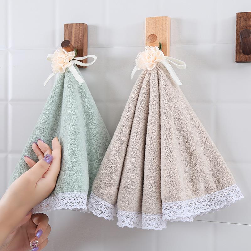 直销新款珊瑚绒纯色毛巾可挂巾加厚擦手巾家用超市商场浴室蕾丝边