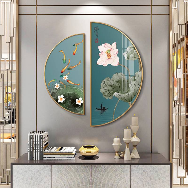 餐厅装饰画新中式荷花客厅墙面挂画走廊过道半圆壁画大气玄关画图片