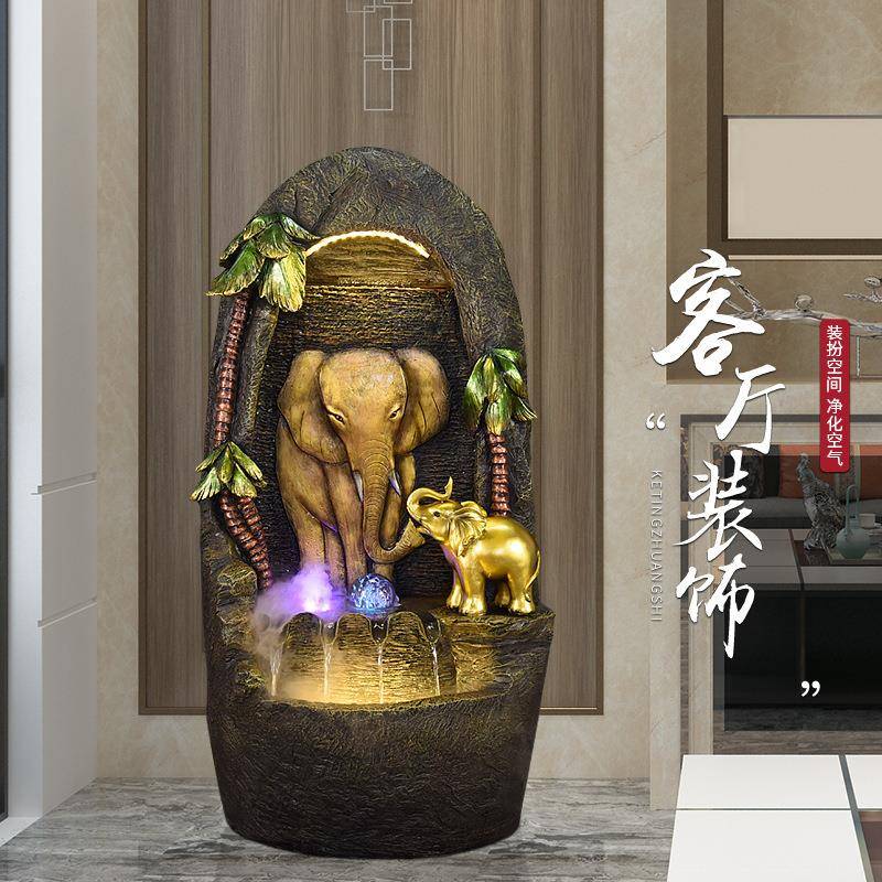 中式喷泉大象流水摆件客厅办公室酒吧落地招财风水轮加湿器装饰品