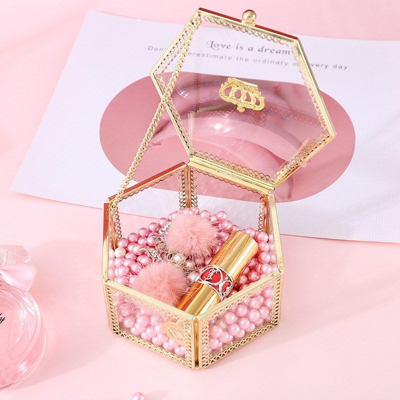 欧式皇冠玻璃收纳盒化妆品公主饰品多边形礼品珠宝戒指精致首饰盒