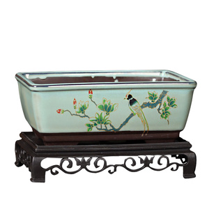 多肉花盆陶瓷马槽长方形紫砂盆景绿植盆栽室内底座托盘中国风摆件