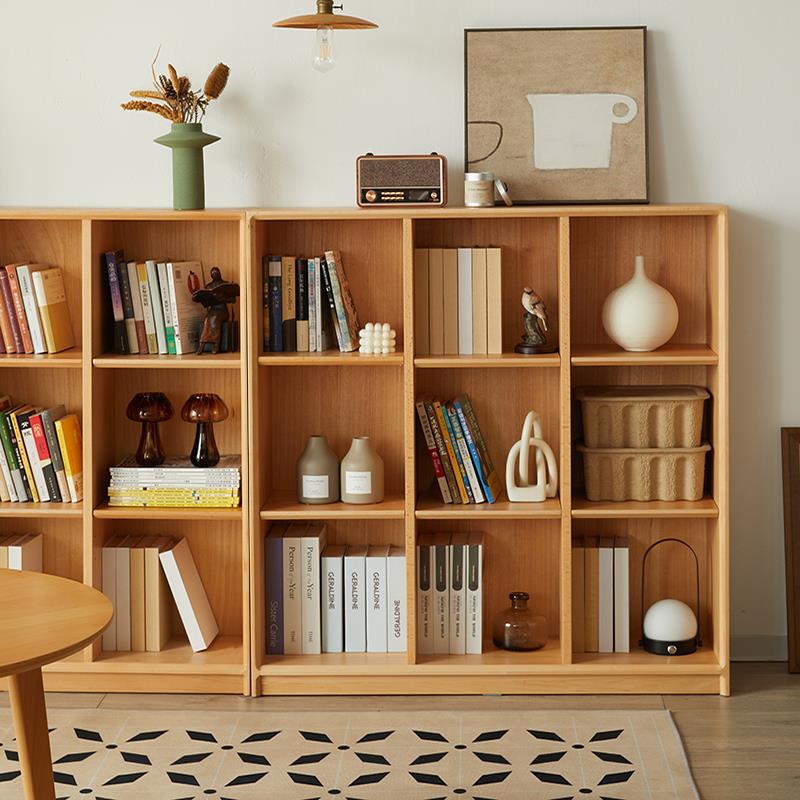 盼居实木书柜三层书架四层多层格子柜日式组合家用储物柜落地榉木