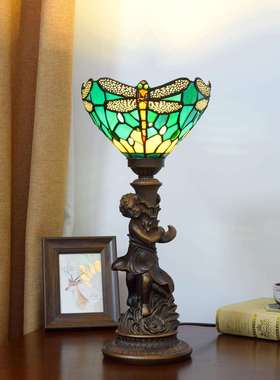 美式绿色蜻蜓小男孩彩色玻璃灯餐厅酒吧书桌装饰台灯卧室床头