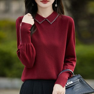 速发打底衫2秋24大款春0红色翻领洋气针织上衣新码装秋冬毛衣