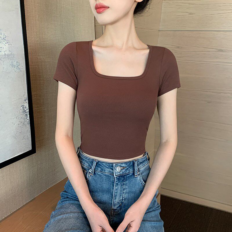 速发带胸垫白色t恤2025新款夏季法式方领正肩短款上衣