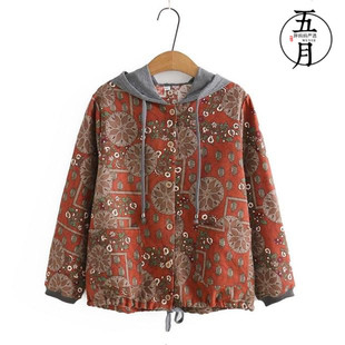 速发中老妈休闲外套春秋长袖薄款连帽夹开克衫印花纯棉妈年短款风