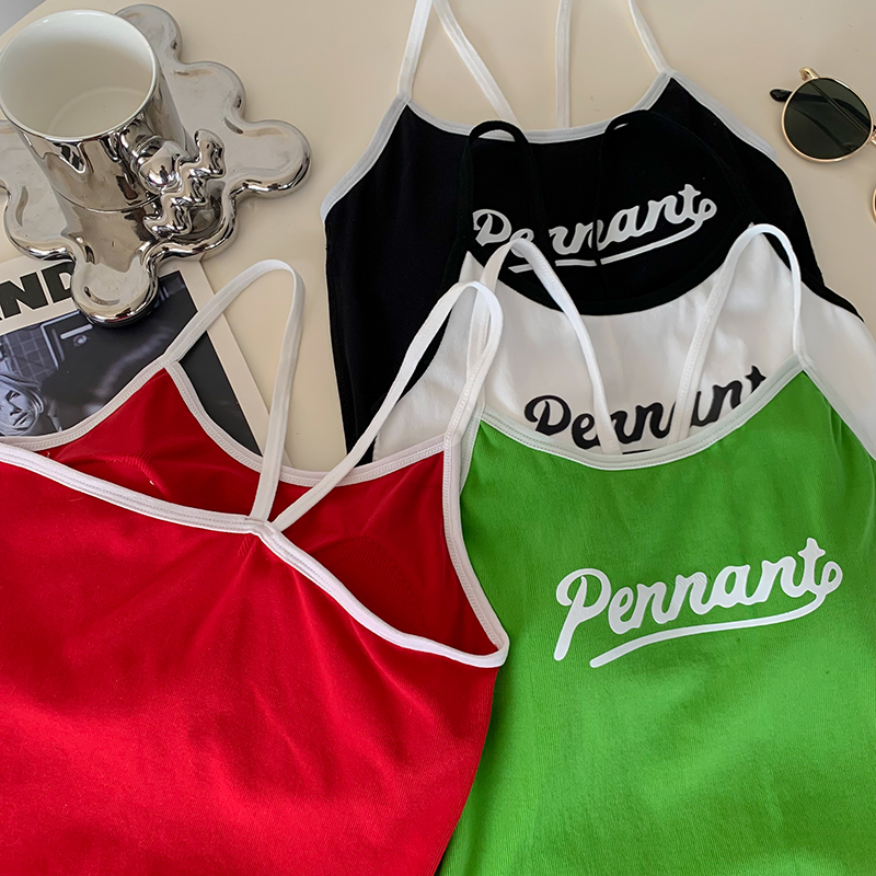 速发新款背式复古印垫撞色小吊带复古辣妹带胸花美心潮