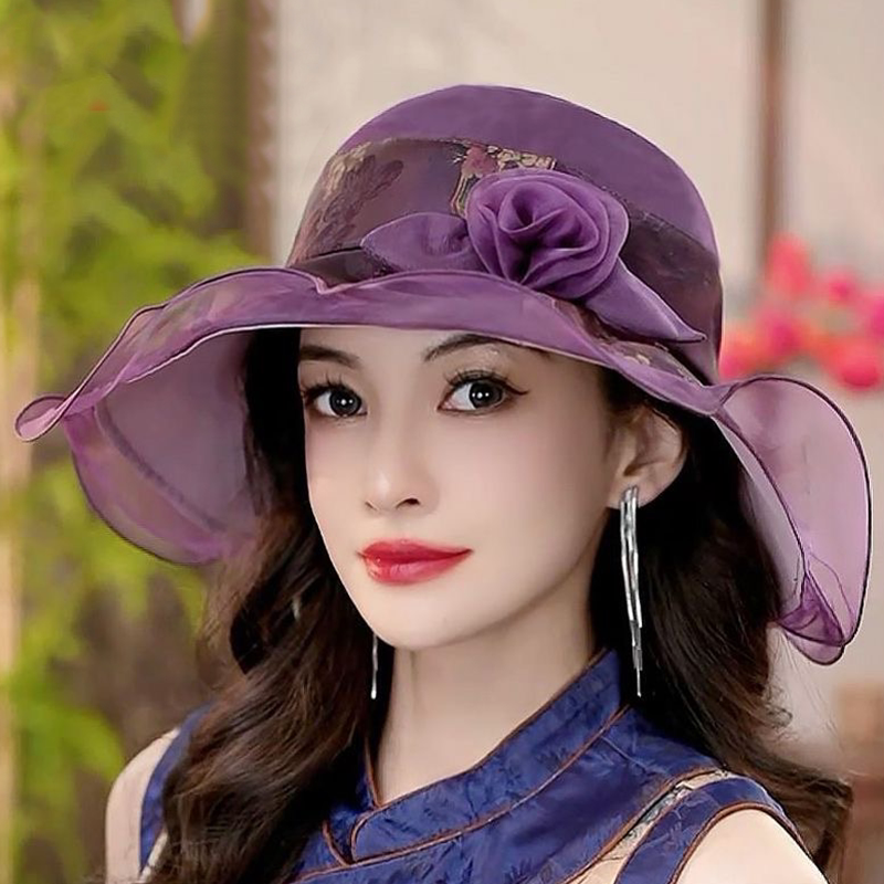 新款夏季花仙子紫色遮阳帽女士大檐防晒帽中年优雅花朵装饰太阳帽