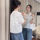 新款 法式 女2025夏季 提花刺绣圆领花边短袖 百搭洋气小个子上衣 衬衫