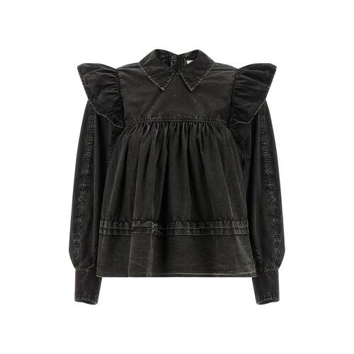 Ganni 甘尼 女士 SS26 上衣 'Black Frill' 水洗衫