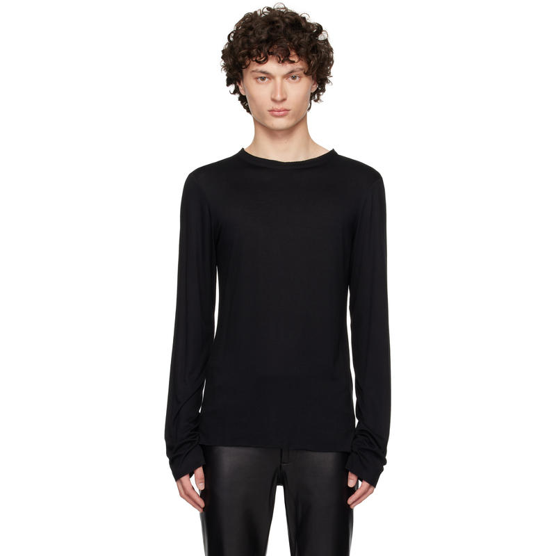 Aaron Esh 男士 T恤 黑色 Satin Trim 长袖 T 恤