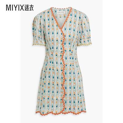 Saloni女款 Marlee 刺绣印花亚麻迷你连衣裙 迷衣时尚