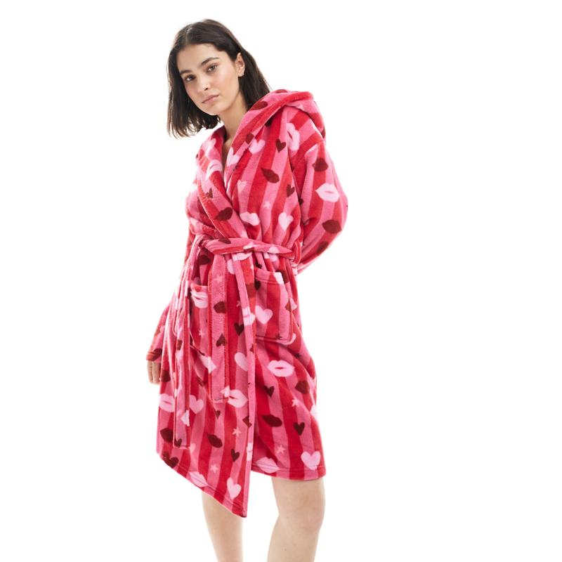 Urban Threads 女士 睡袍 抓绒粉色心形印花便袍