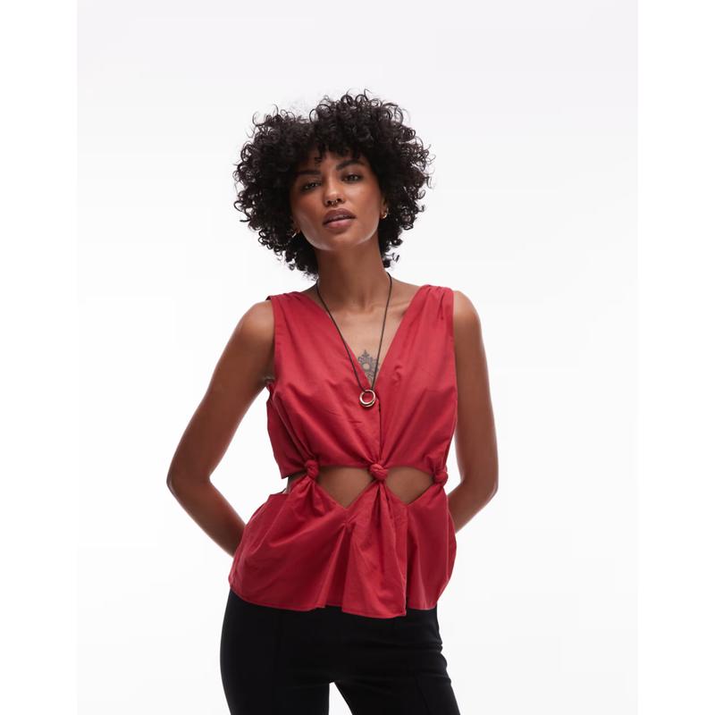 Topshop 女士 背心 voil 棉质无袖打结束腰红色上衣
