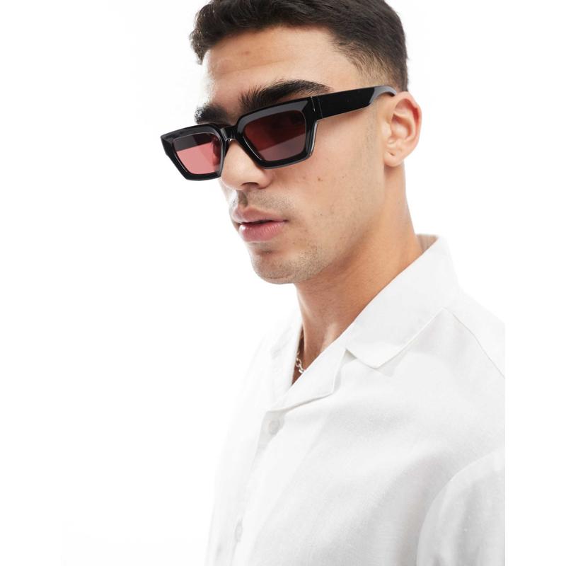 ASOS DESIGN 男士 太阳镜 设计粗框方形酒红色镜片太阳眼镜(黑色)