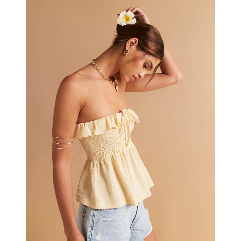 ASOS DESIGN 女士 T恤 设计织物抽褶洋娃娃抹胸前绑带柠檬黄T恤