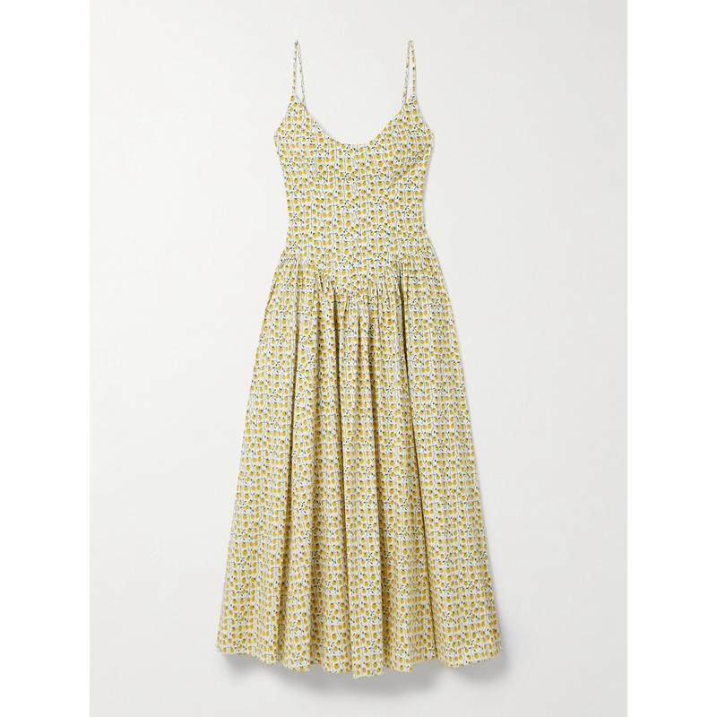 Staud 女士 中长连衣裙 Dena 褶裥印花棉混纺府绸长款连衣裙