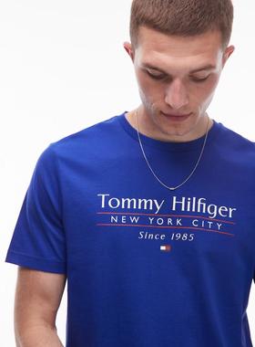 Tommy Hilfiger 男士 T恤 centre stack 直线纹徽标亮蓝色T恤