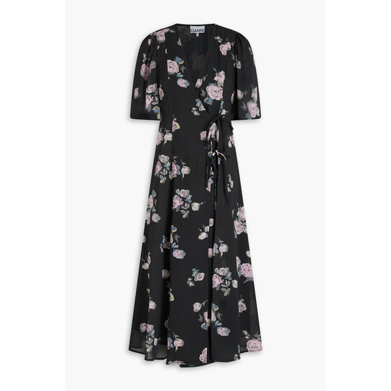 Ganni 女士 中长连衣裙 印花绉纱中长缠绕式连衣裙