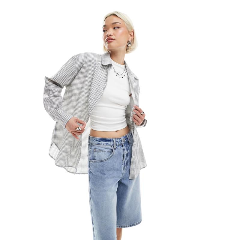 Cotton:on 女士 衬衫 棉质系扣超细格纹绉条纹衬衫