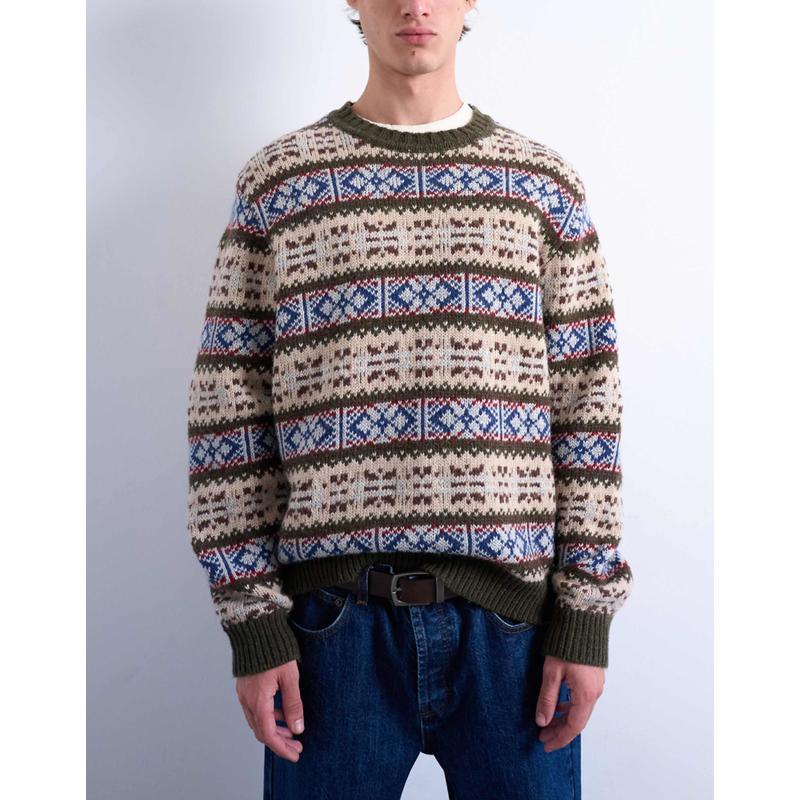 Topman 男士 毛衣 'Fair Isle' 针织水手领套头衫(卡其色)