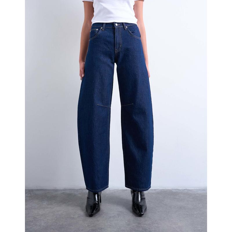 Topshop 女士 牛仔长裤 Barrel 中腰靛蓝色漂染牛仔裤