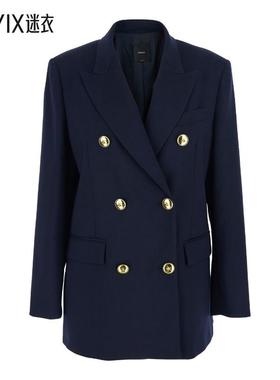 [秋冬新品]Pinko 女款'New Guinea' Revers 蓝色双排扣耸肩羊毛女