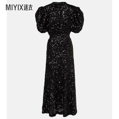 ROTATE 女款珠片泡泡袖中长连衣裙 迷衣时尚