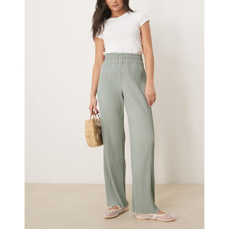 YAS 女士 长裤 高腰阔腿打褶绿色裤子(iceberg)