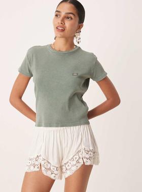 Dickies 女士 T恤 glacier view 罗纹长款水洗深色绿色童趣T恤