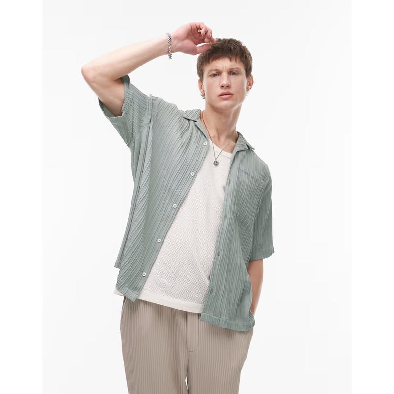 Topman 男士 衬衫 短袖织纹打褶衬衫(sage)