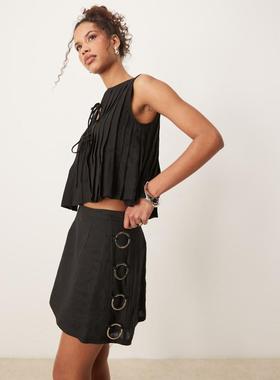 VRG GRL 女士 迷你裙 discoteca 亚麻迷你半身裙(黑色)