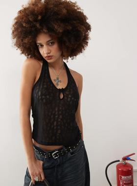 Collusion 女士 背心 delicate 蕾丝挂脖上衣(黑色)