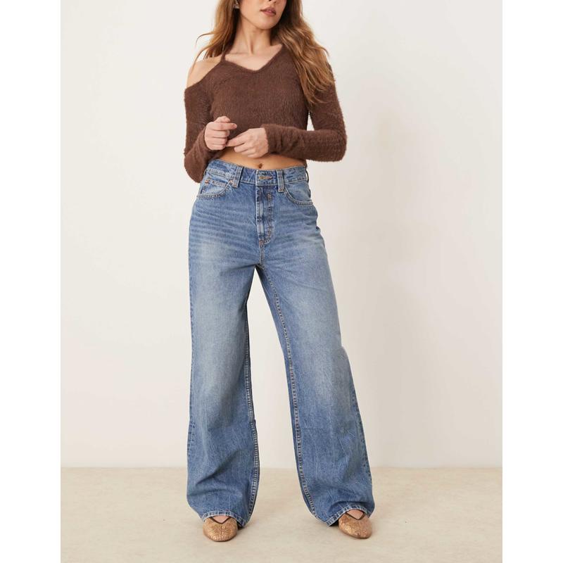 ASOS DESIGN 女士 牛仔长裤 dad 设计阔腿中长蓝色牛仔裤