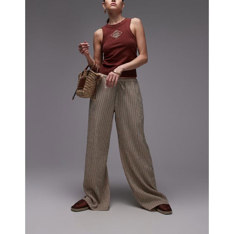 Topshop 女士 长裤 褶皱条纹腰带低腰阔腿橙色裤子