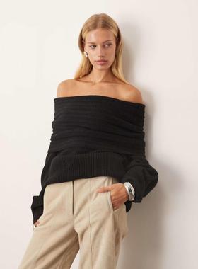 ARRANGE 女士 毛衣 短款罗纹针织露肩套头衫(黑色)