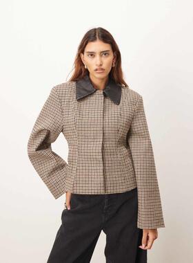 ARRANGE 女士 夹克 结构感皮革领撞色棕色夹克